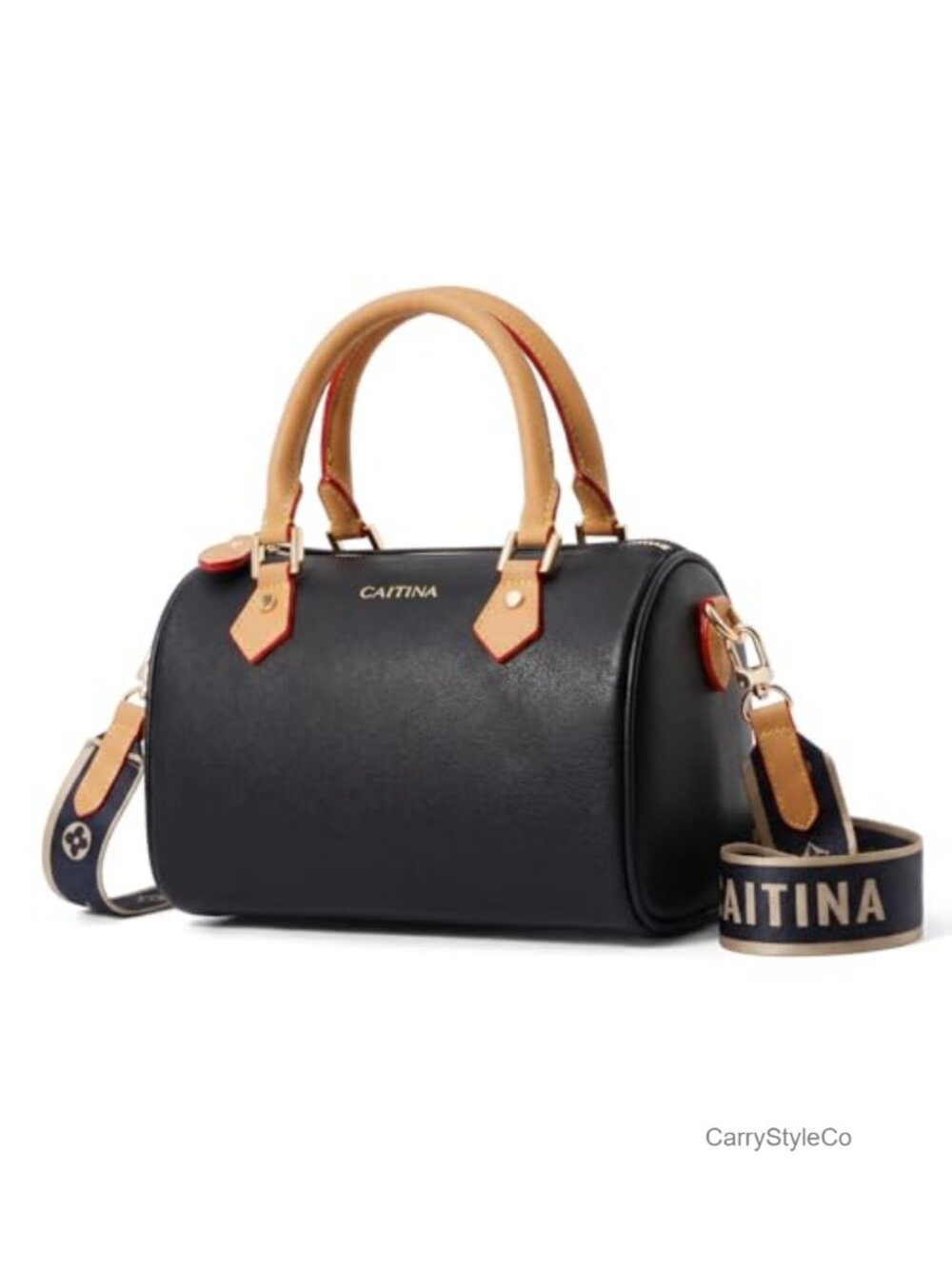 Vegan Leather Barrel Satchel Top Handle Handbag Detachable Crossbody Strap
